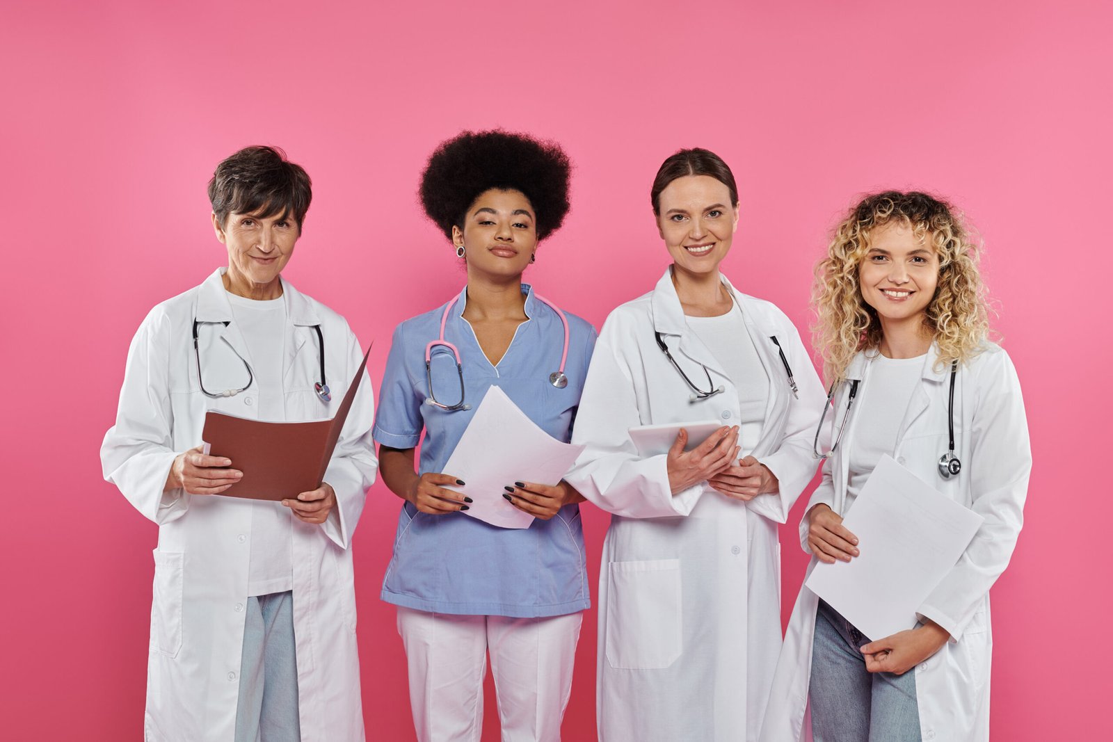 “A diverse group of healthcare professionals in uniforms and lab coats smiling, representing overseas health and care workers supported through UK sponsorship.”